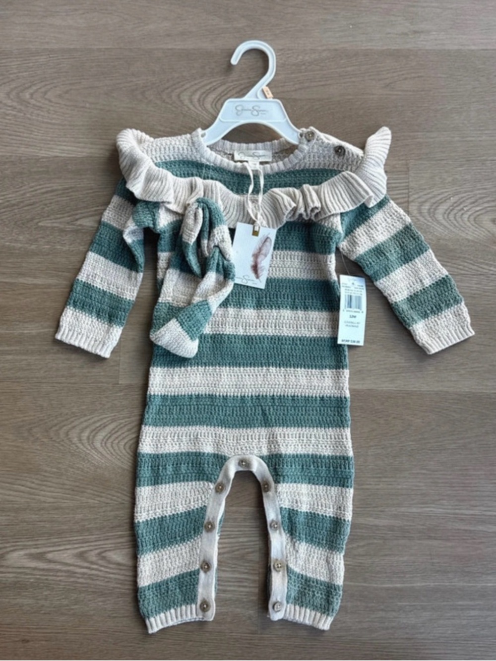 Jessica Simpson Striped Knit Baby Romper in Sage and Cream